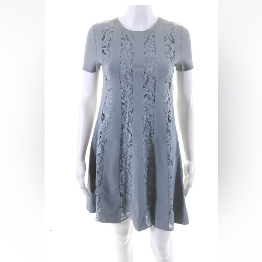 Valentino Womens Short Sleeve Pleated Lace Dress Gray Size Small